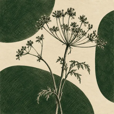 A dried seed head of a wild carrot in forest green, cream, charcoal, olive; square artwork.