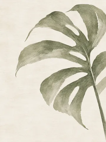 A monstera leaf silhouette in white, sage, taupe, stone; portrait artwork.