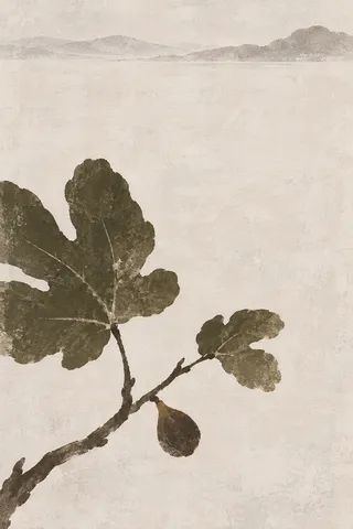 A fig leaf in cream, brown, gray; portrait artwork.