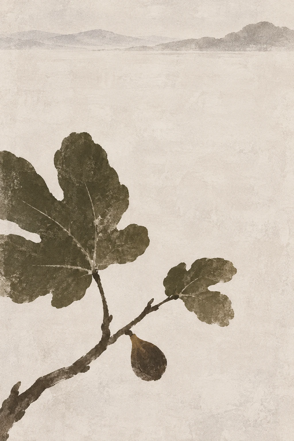 A fig leaf in cream, brown, gray; portrait artwork.