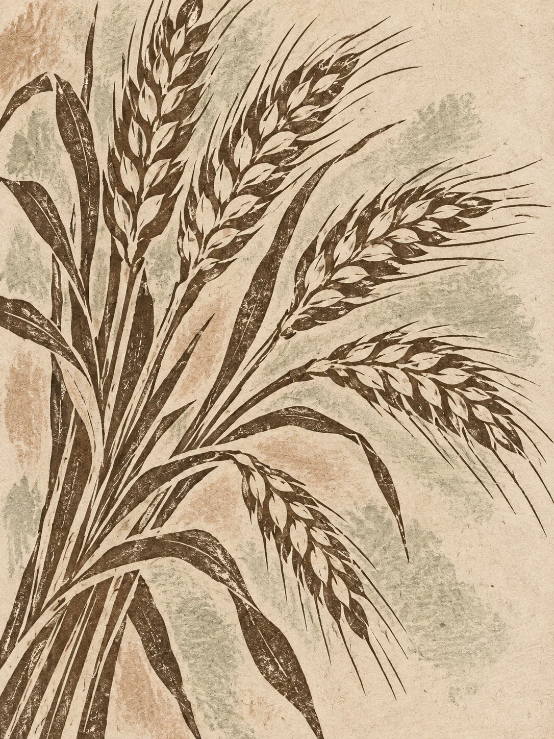A bunch of wheat stalks in cream, stone, sand, taupe; portrait artwork.