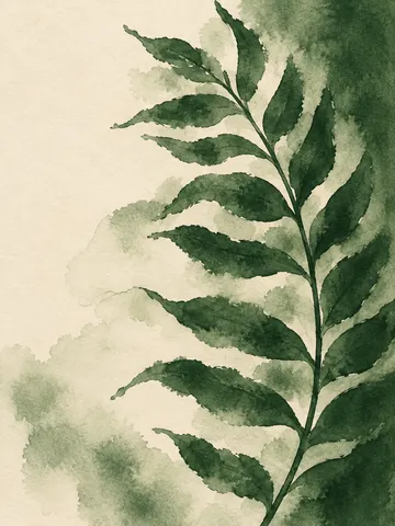 A single fern frond in cream, green, stone, forest green; portrait artwork.