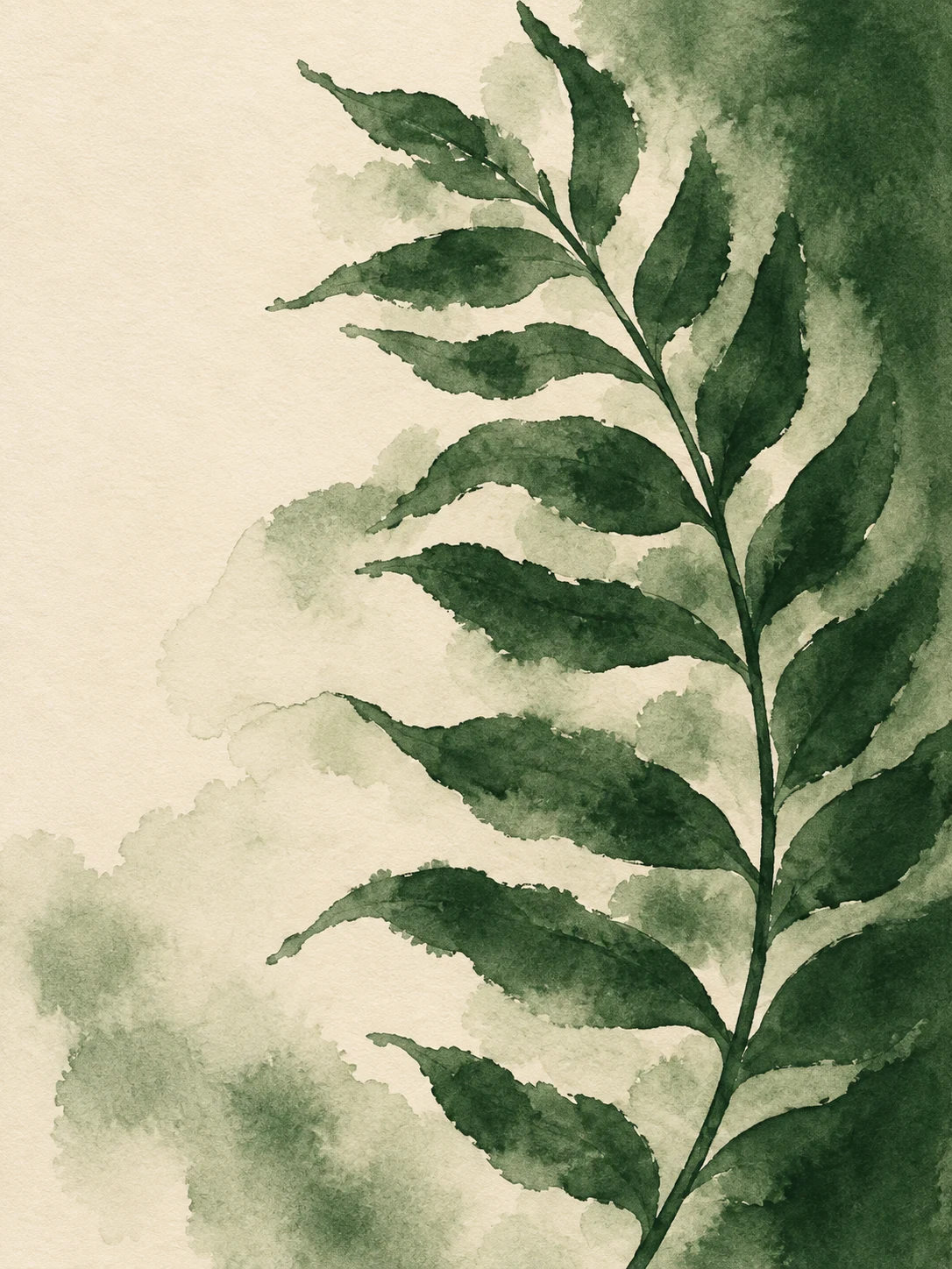 A single fern frond in cream, green, stone, forest green; portrait artwork.