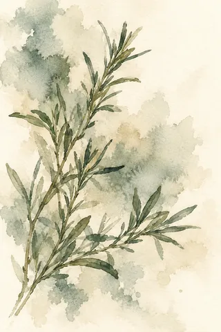 A sprig of rosemary in white, stone, cream, taupe; portrait artwork.