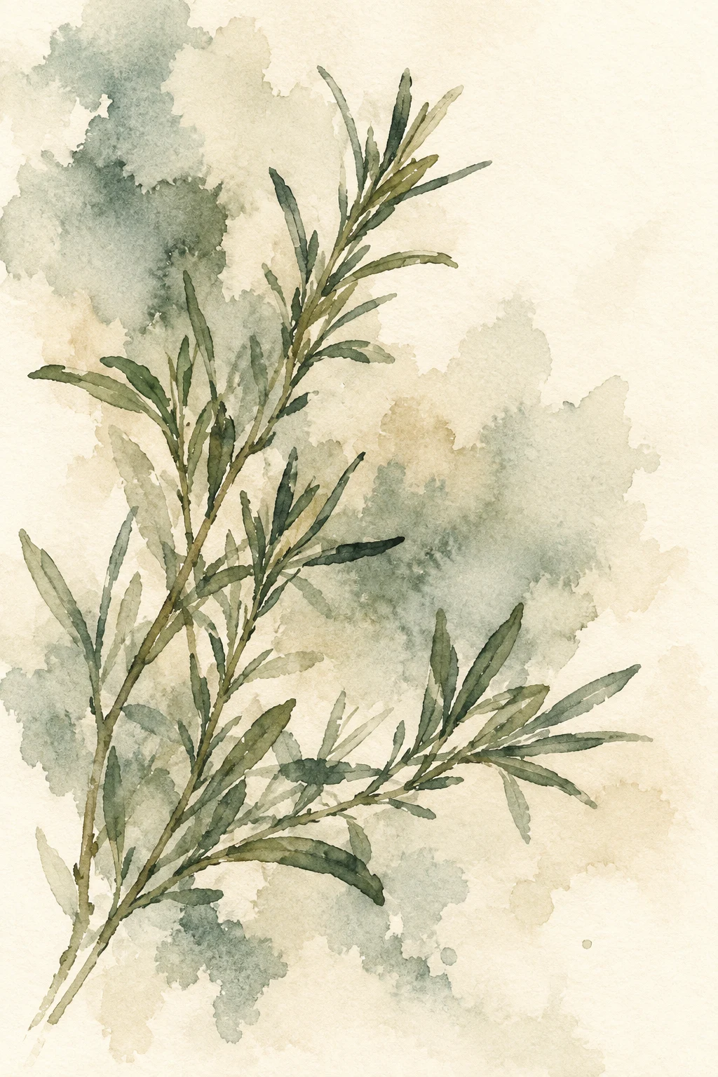 A sprig of rosemary in white, stone, cream, taupe; portrait artwork.