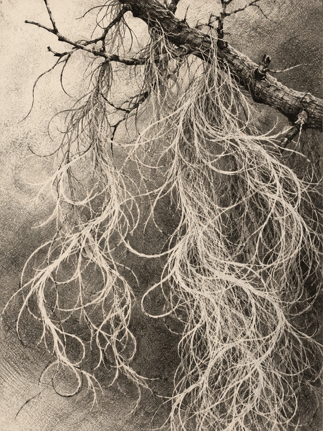 A strand of Spanish moss on a short branch in olive, gray, stone, taupe; portrait artwork.