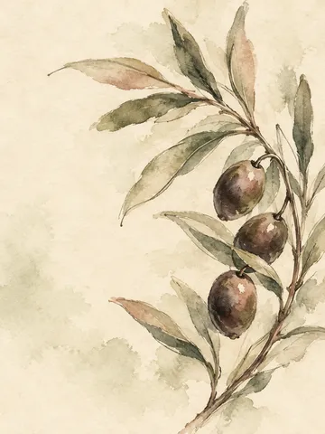 An olive branch with three olives in cream, white, sand, taupe; portrait artwork.