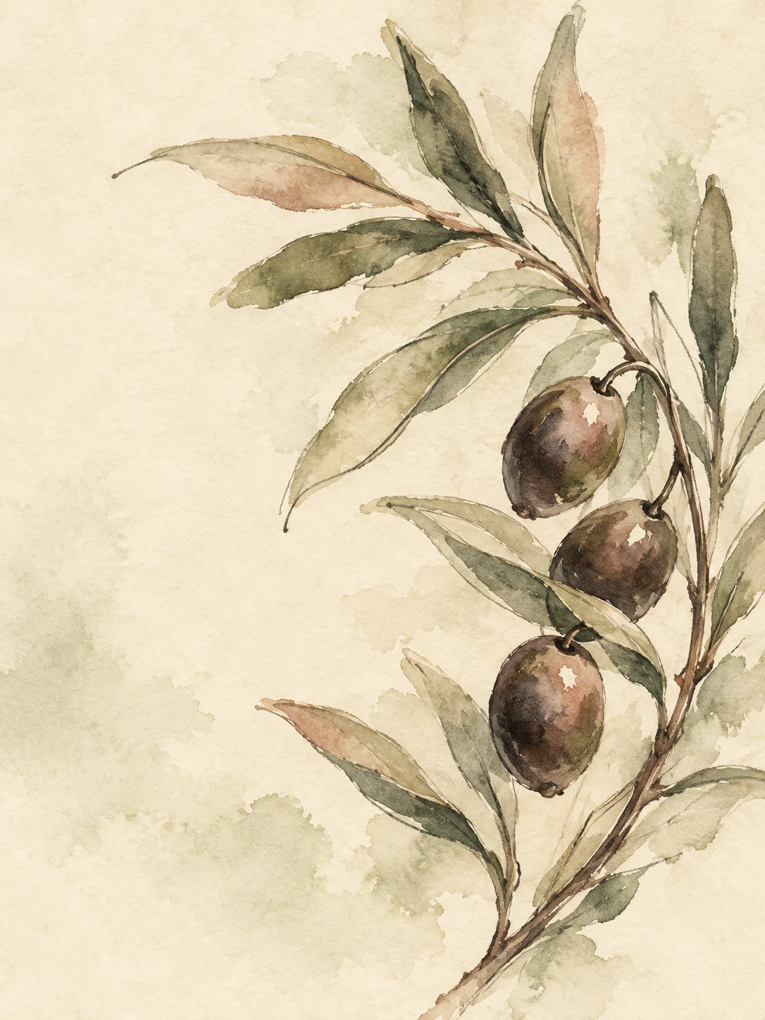 An olive branch with three olives in cream, white, sand, taupe; portrait artwork.