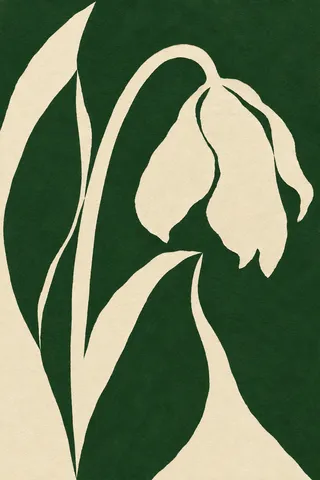 A single tulip past its best in forest green, cream, stone, green; portrait artwork.