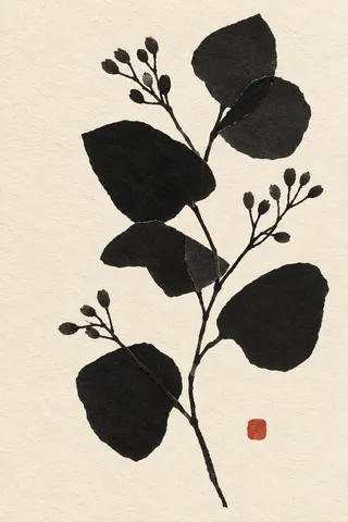 A eucalyptus sprig in cream, black, white, olive; portrait artwork.