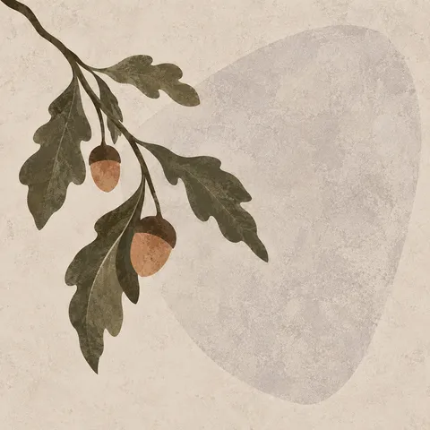 A single live oak branch with small leaves in cream, stone, brown; square artwork.