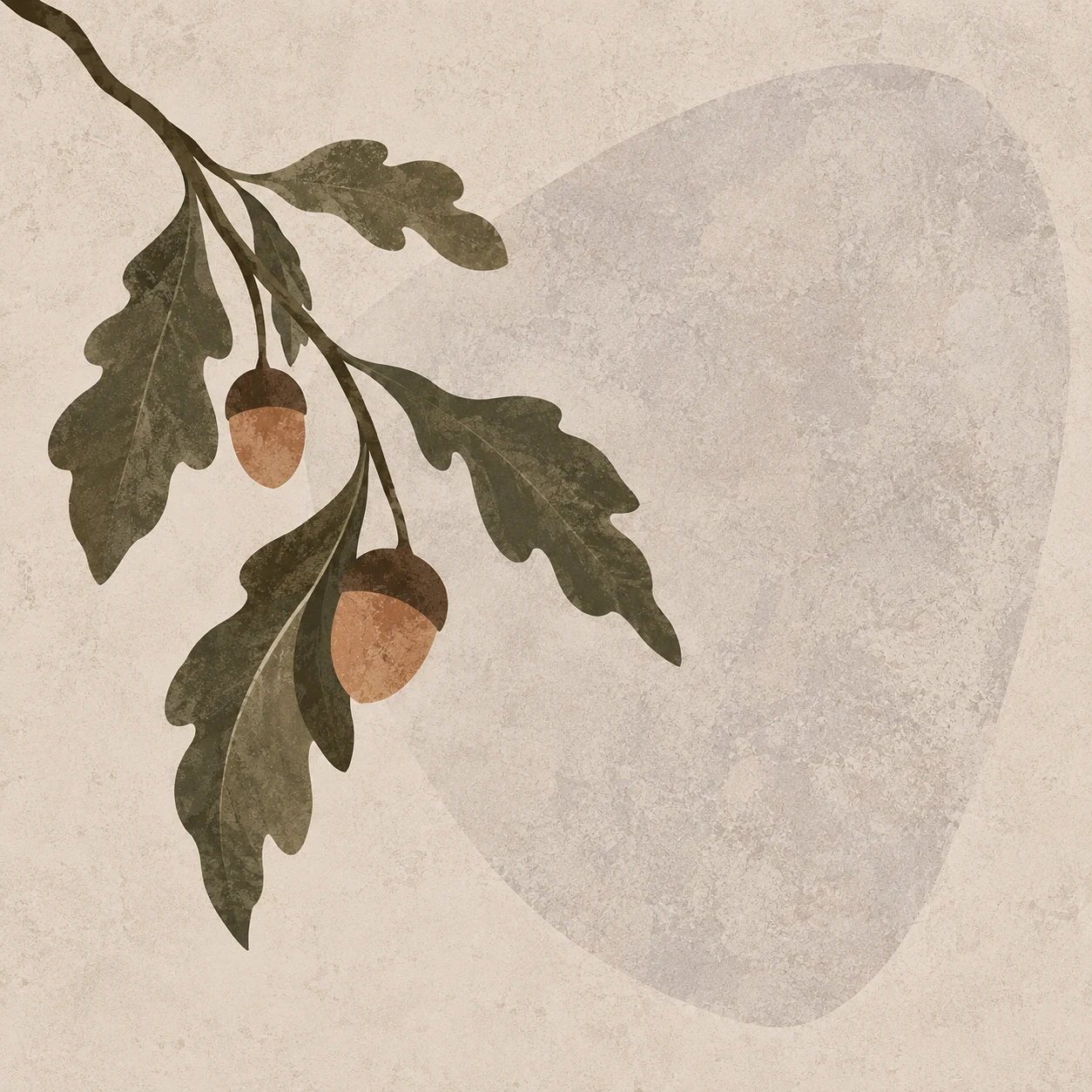 A single live oak branch with small leaves in cream, stone, brown; square artwork.