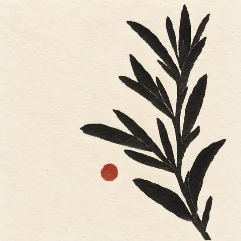 A sprig of rosemary in white, cream, black, olive; square artwork.