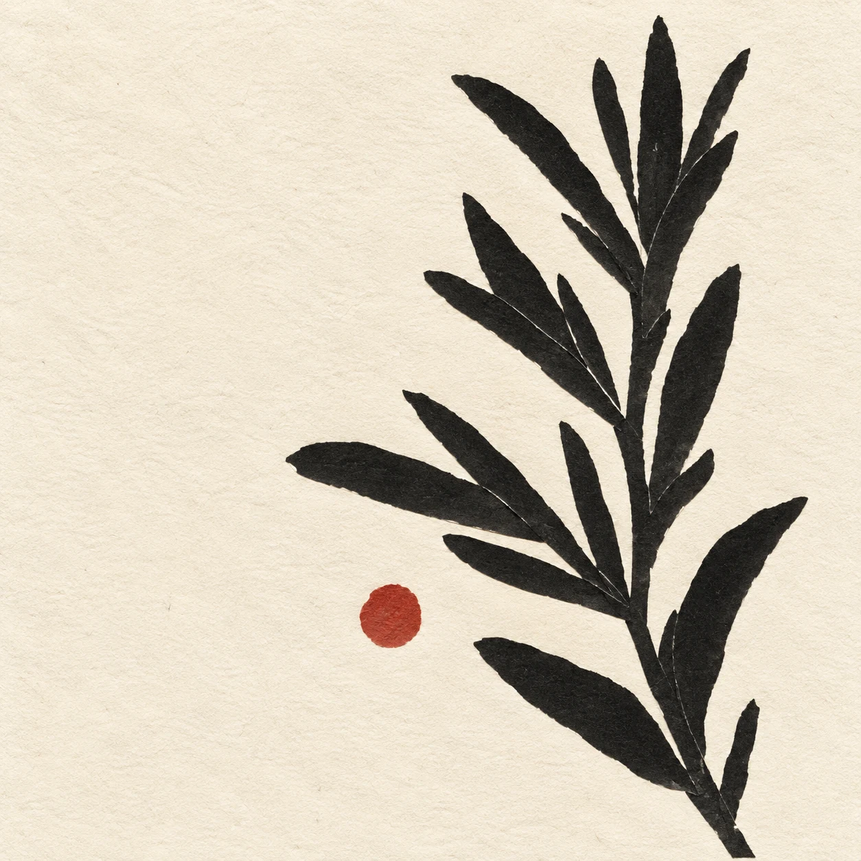 A sprig of rosemary in white, cream, black, olive; square artwork.