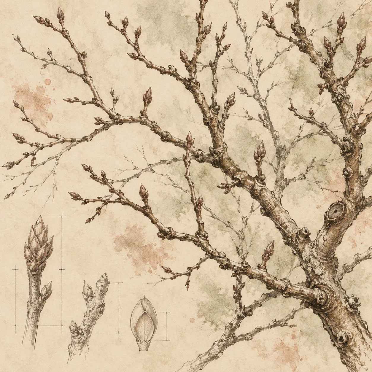 A bare winter branch in cream, stone, sand, taupe; square artwork.