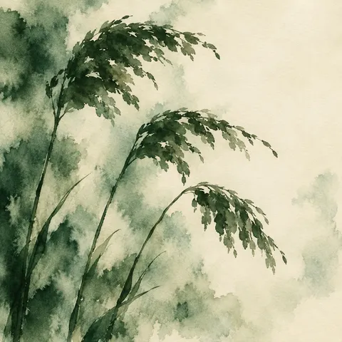 Three stems of sea oats with heavy seed heads in cream, sage, forest green, olive; square artwork.