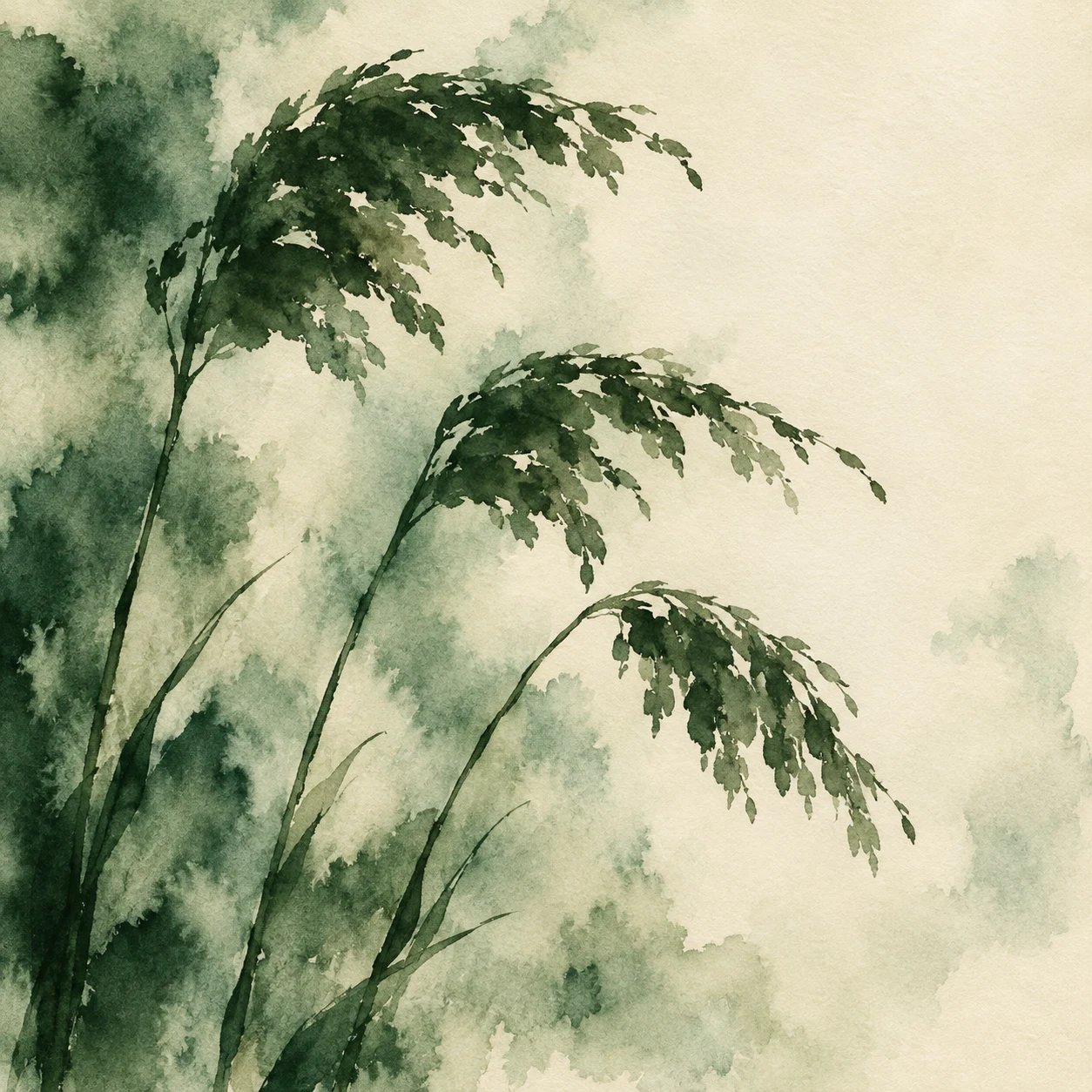 Three stems of sea oats with heavy seed heads in cream, sage, forest green, olive; square artwork.