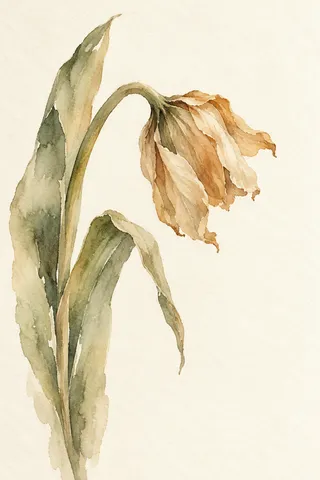 A single tulip past its best in white, sand, sage, cream; portrait artwork.