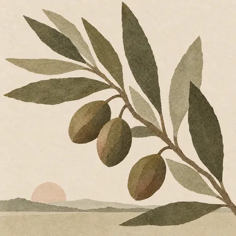 An olive branch with three olives in cream, stone, brown, sage; square artwork.