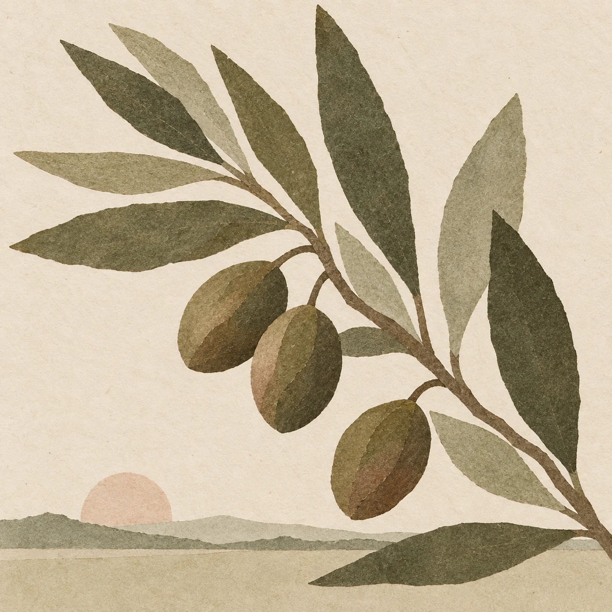 An olive branch with three olives in cream, stone, brown, sage; square artwork.