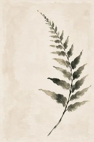 A single fern frond in cream, white, sage; portrait artwork.