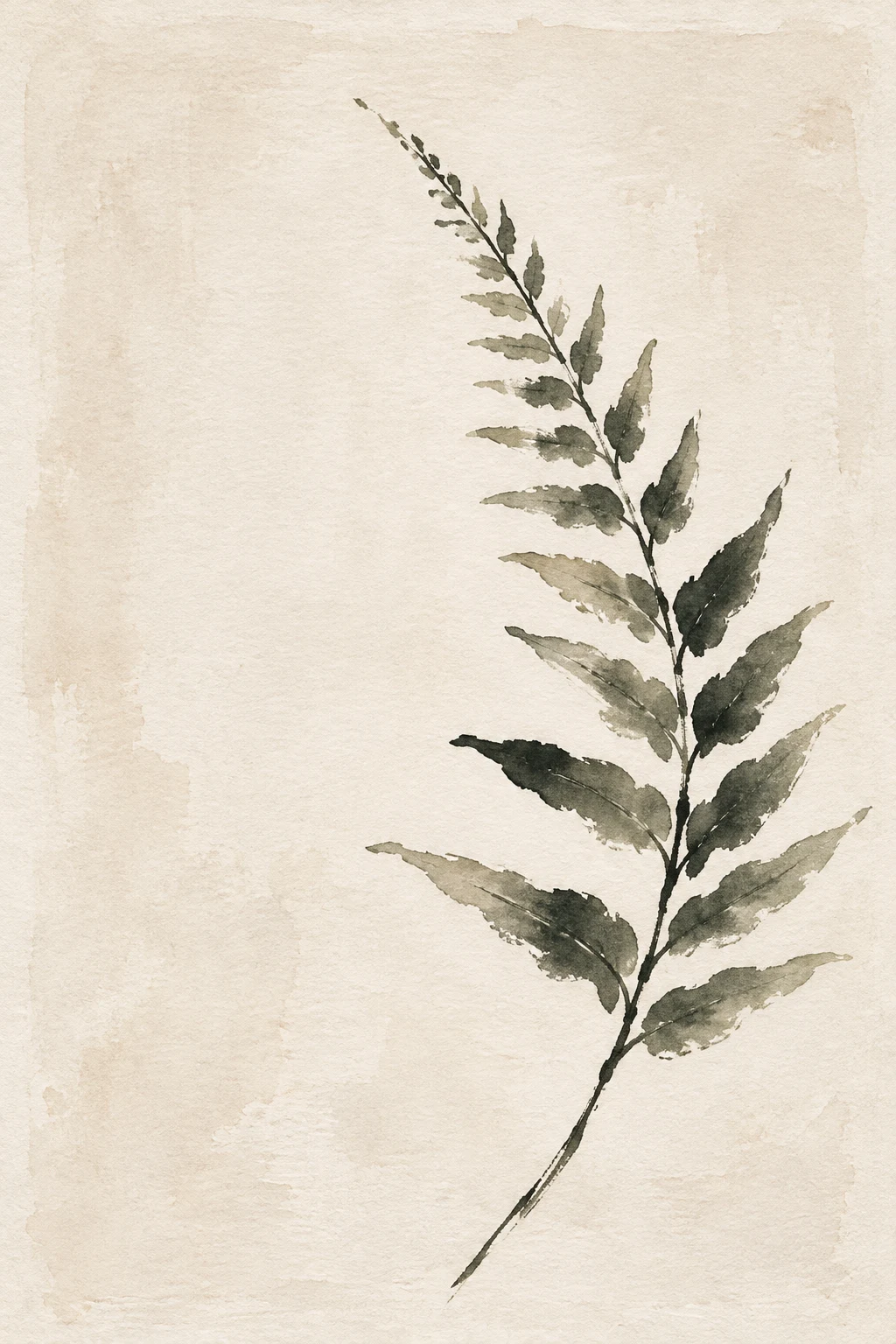 A single fern frond in cream, white, sage; portrait artwork.