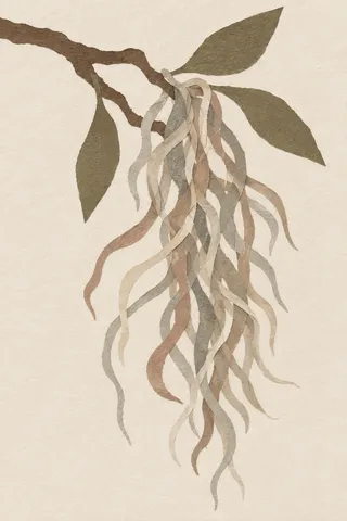 A strand of Spanish moss on a short branch in cream, sand, taupe, stone; portrait artwork.