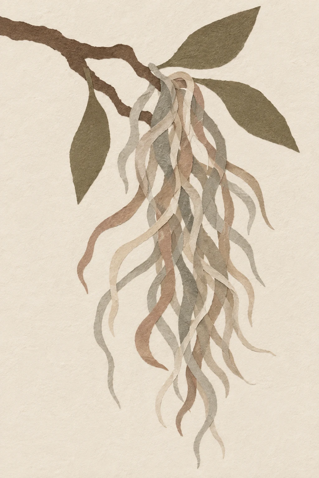 A strand of Spanish moss on a short branch in cream, sand, taupe, stone; portrait artwork.