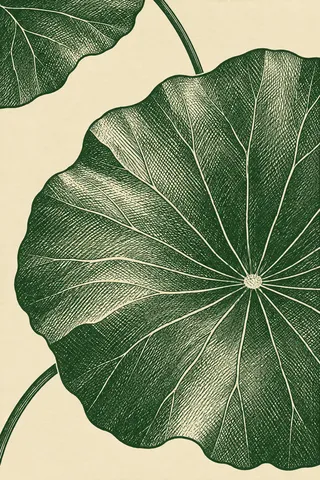 A lotus leaf from above in cream, green, taupe, olive; portrait artwork.