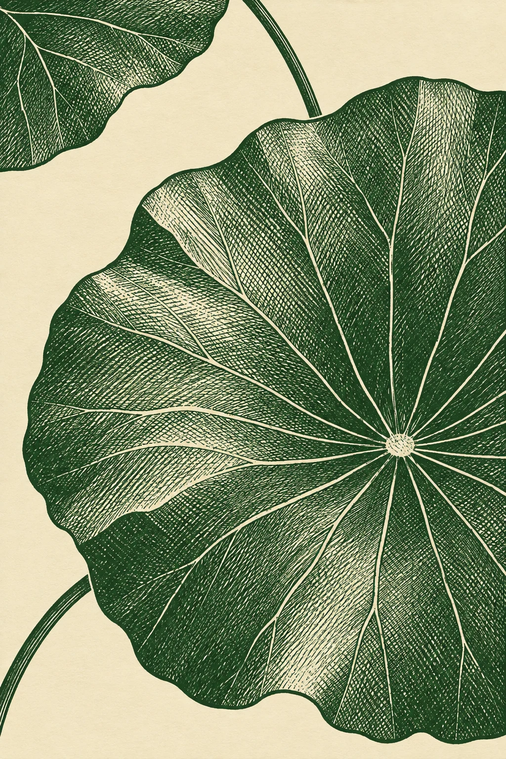 A lotus leaf from above in cream, green, taupe, olive; portrait artwork.