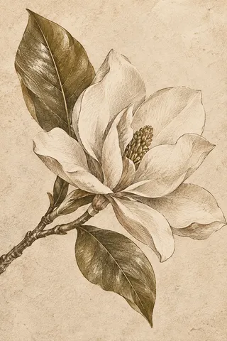 A magnolia bloom with two glossy leaves in cream, stone, olive, sage; portrait artwork.