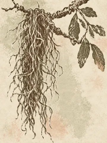 A strand of Spanish moss on a short branch in cream, stone, taupe, olive; portrait artwork.