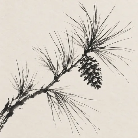 A longleaf pine bundle with one cone in cream, gray; square artwork.