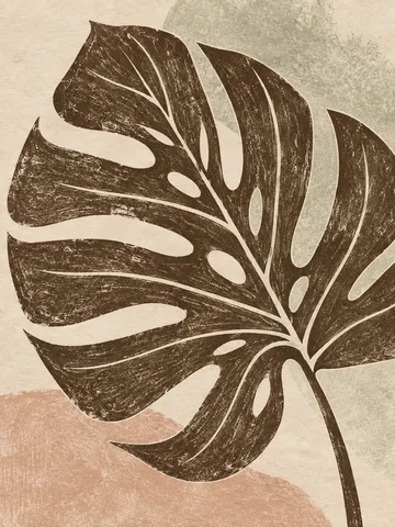 A monstera leaf silhouette in brown, cream, sand, stone; portrait artwork.