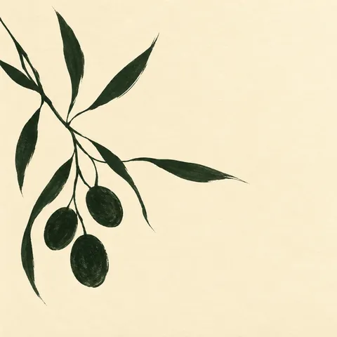 An olive branch with three olives in white, olive; square artwork.