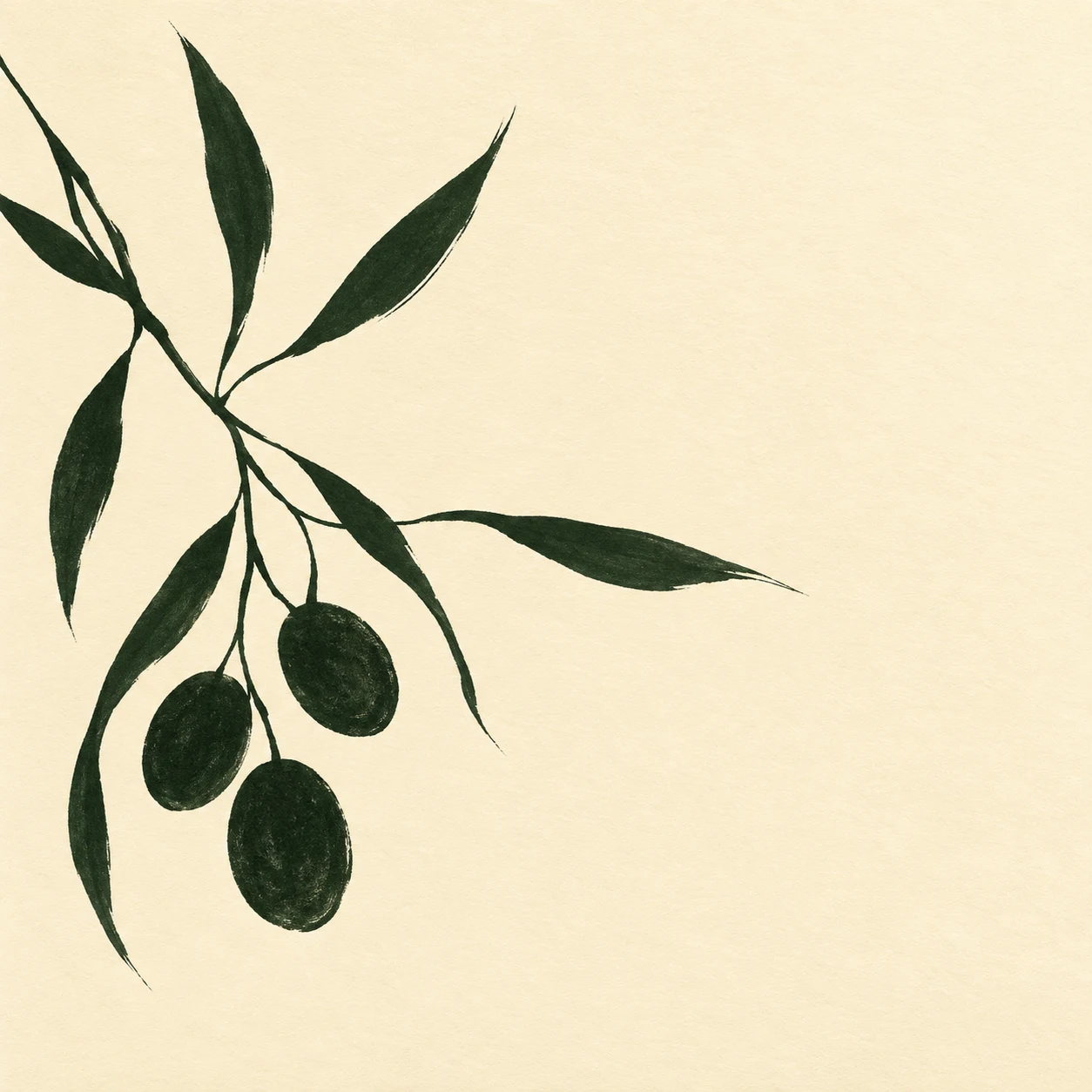 An olive branch with three olives in white, olive; square artwork.