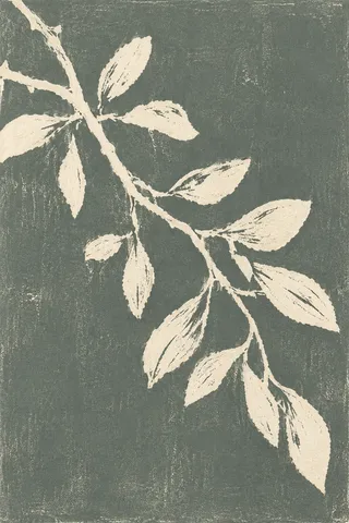A single live oak branch with small leaves in gray, cream, charcoal; portrait artwork.