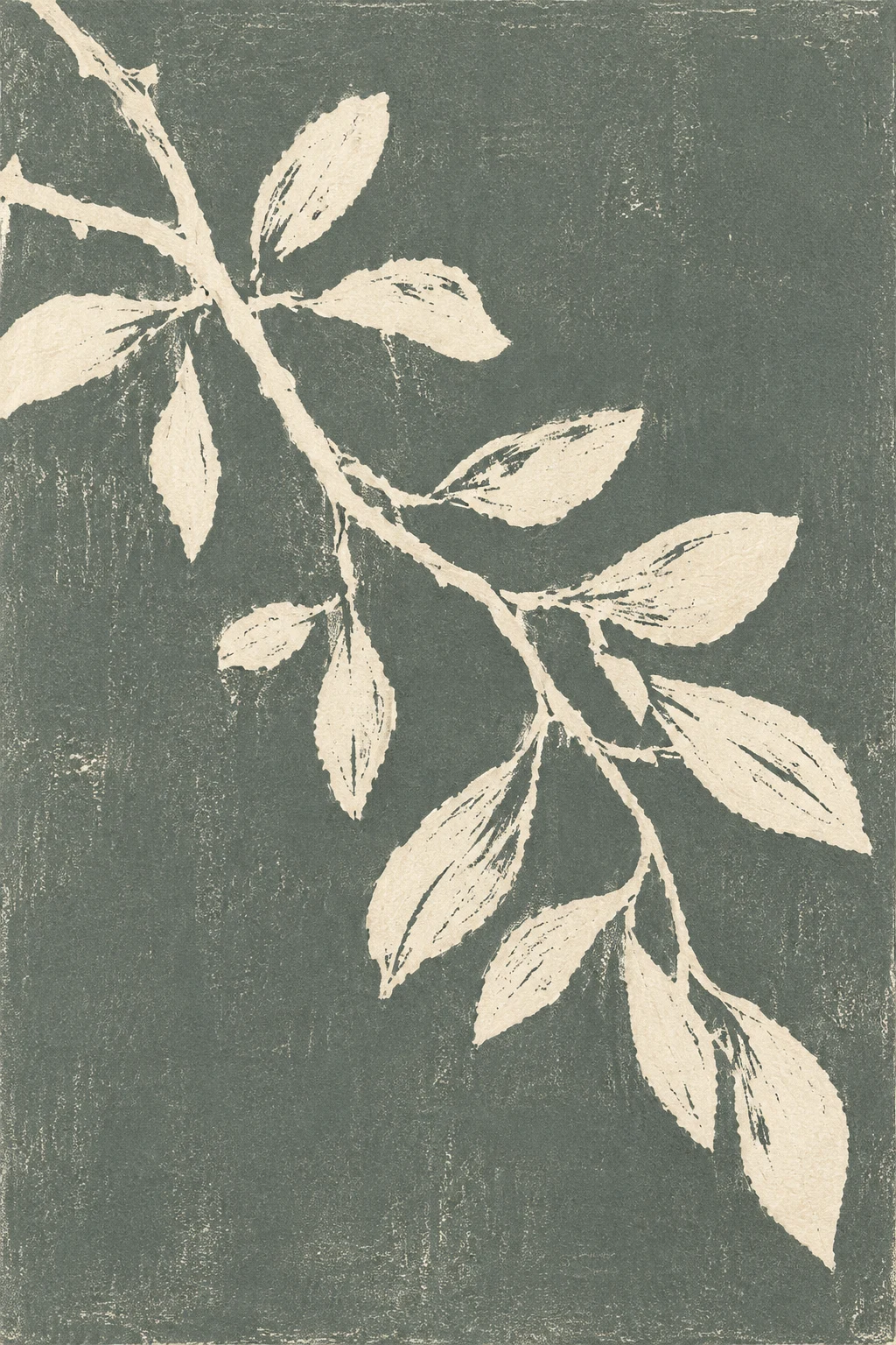 A single live oak branch with small leaves in gray, cream, charcoal; portrait artwork.