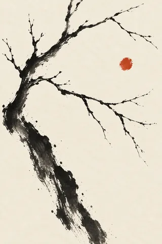 A bare winter branch in white, cream, charcoal; portrait artwork.