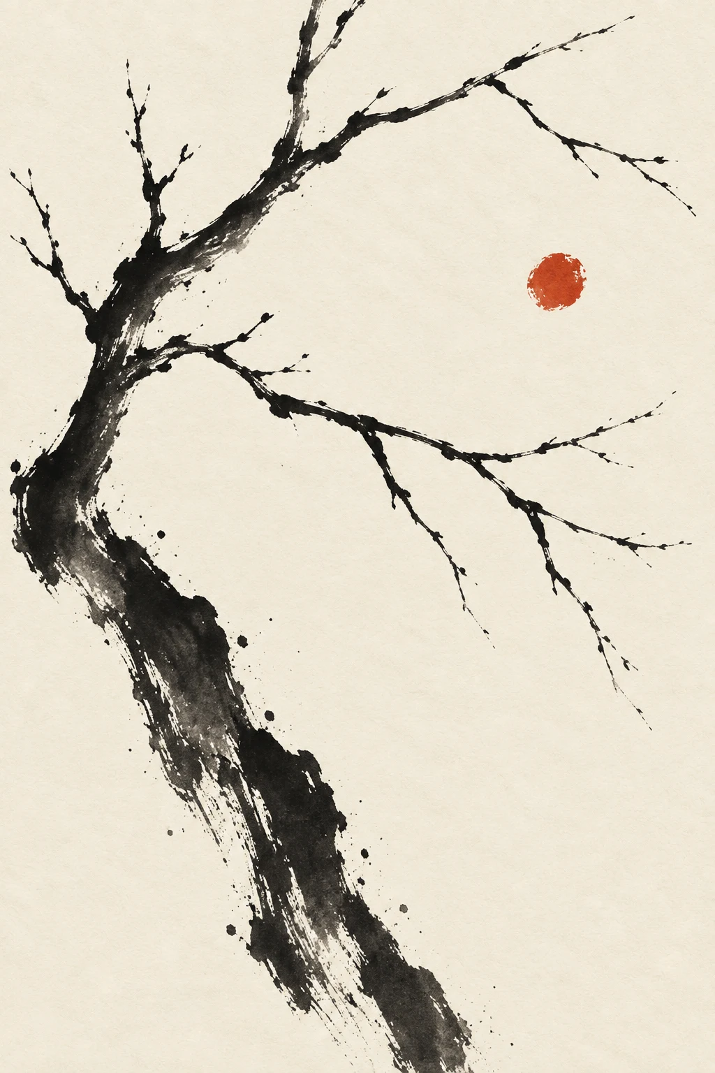 A bare winter branch in white, cream, charcoal; portrait artwork.
