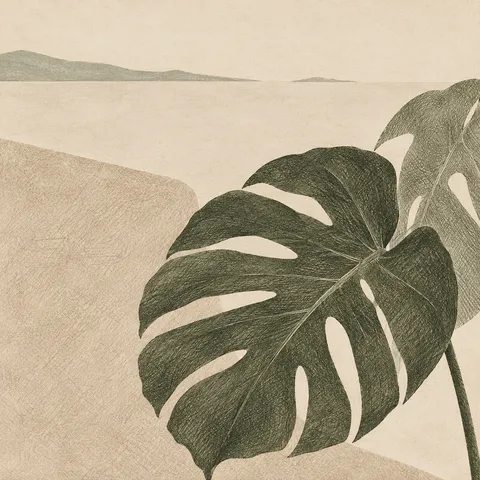 A monstera leaf silhouette in cream, stone, olive, brown; square artwork.