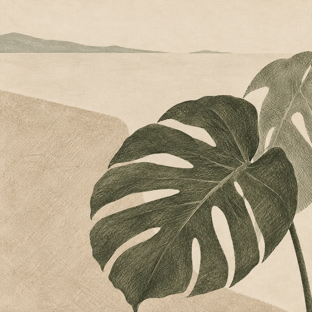 A monstera leaf silhouette in cream, stone, olive, brown; square artwork.