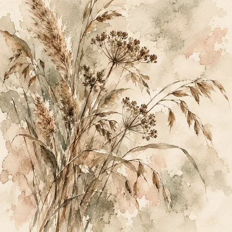A cluster of dried grasses in a loose bunch in cream, sage, stone, sand; square artwork.