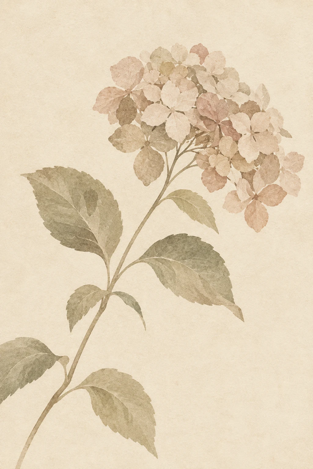 A pressed hydrangea head in cream, stone, sand; portrait artwork.