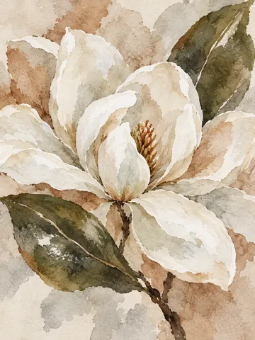A magnolia bloom with two glossy leaves in cream, stone, sand, brown; portrait artwork.
