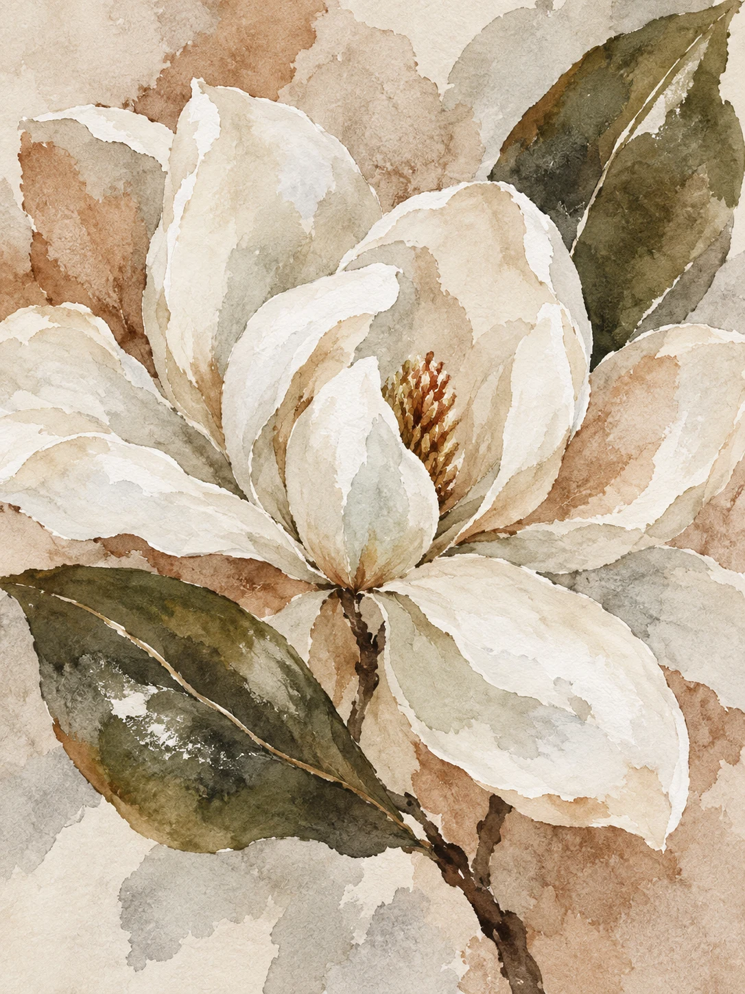 A magnolia bloom with two glossy leaves in cream, stone, sand, brown; portrait artwork.