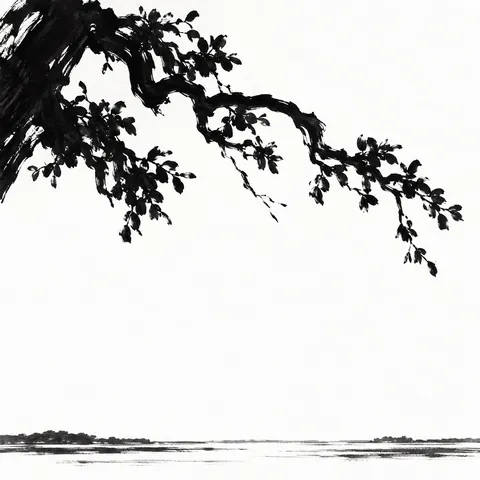A single live oak branch with small leaves in white, charcoal, cream; square artwork.