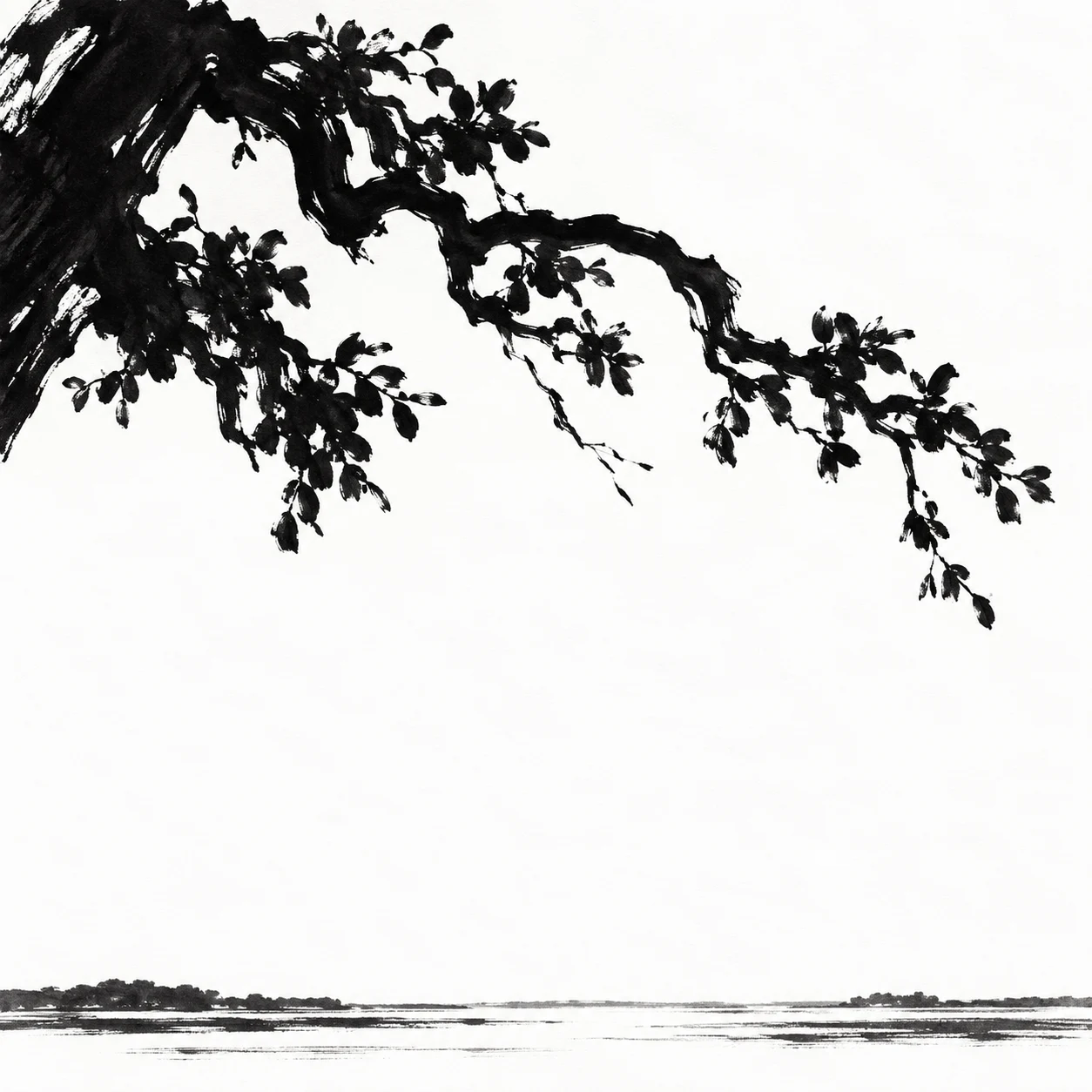 A single live oak branch with small leaves in white, charcoal, cream; square artwork.