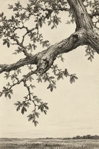 A single live oak branch with small leaves in cream, taupe, gray, charcoal; portrait artwork.