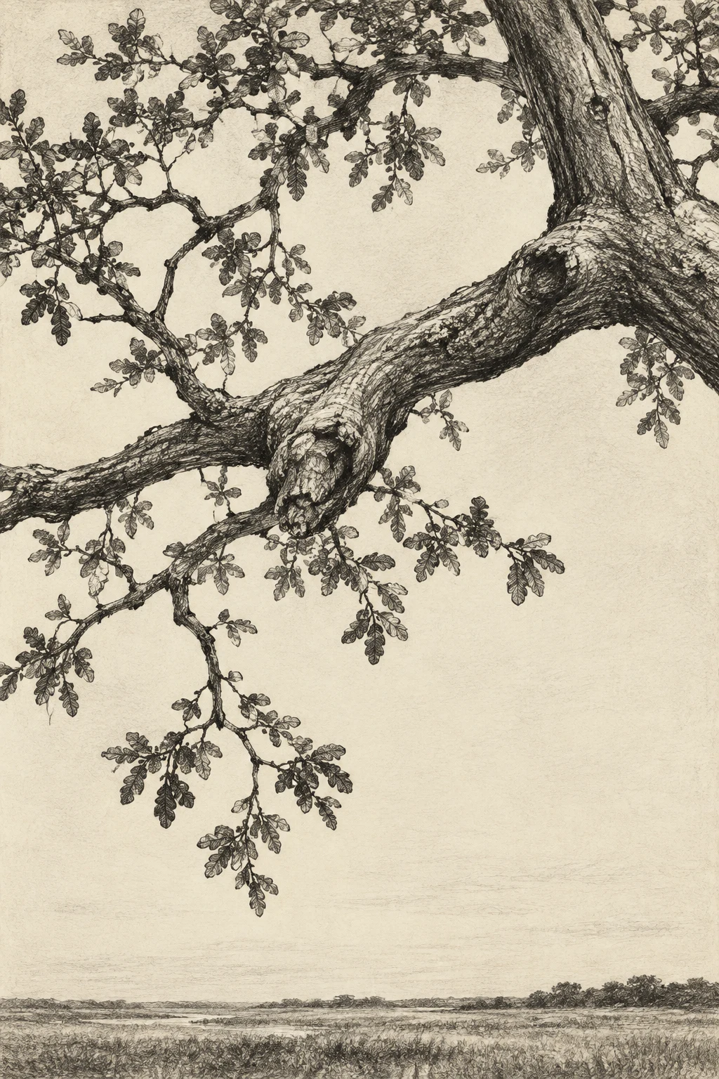 A single live oak branch with small leaves in cream, taupe, gray, charcoal; portrait artwork.